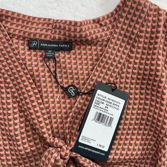 Adrianna Papell Tie Neck Popover Blouse Elegant Dusty Pink Geo Print Plus 2X NWT - Picture 8 of 12